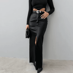 Falda Larga Cuerina negro Mujer Tiro Alto Elegante