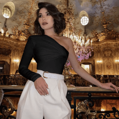 Body Plisado Manga Larga Negro Alessa Mujer Elegante
