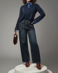 Jeans Barrel Azul Marino Ema Mujer Tiro Alto