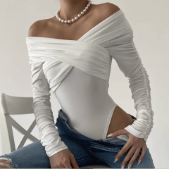 Body Blanco aranza fruncido Mujer Elegante