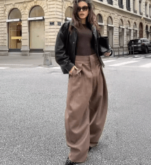 Pantalon Balloon Pliegues Camel Celine Mujer Tiro Alto