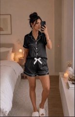 Pijama Corto Mujer Satinado Negro con Ribetes Catalina
