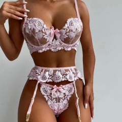 Set de Lencería Colirio Rosa con Encaje Floral para Mujer
