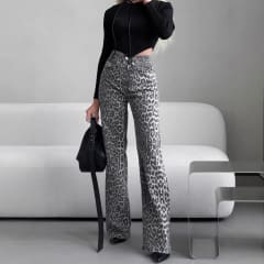 Pantalón Leopardo Mujer Tiro Alto Wide Leg
