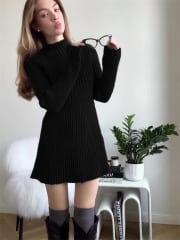 Vestido Corto Acanalado Mujer Negro Genoveva
