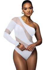 Body Asimétrico Blanco Mujer con Transparencias y Manga Larga