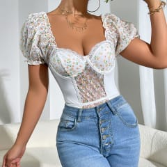 Body Zoe Blanco Floral con Mangas Abullonadas