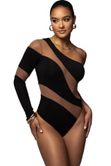 Body Asimétrico Negro Mujer con Transparencias y Manga Larga