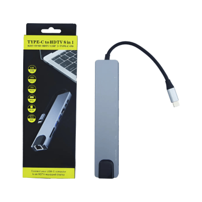 HUB TIPO-C 8 EN 1 RJ45 + TF/SD +HDTV + 2xUSB-A + PD + USB-C1