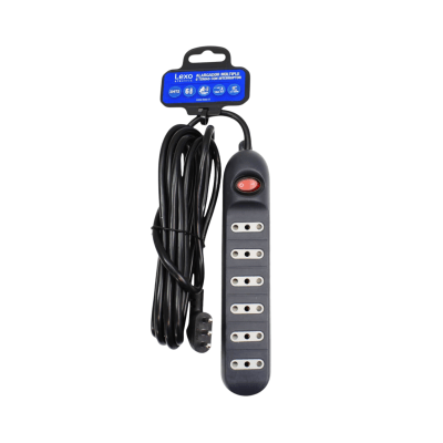 ALARGADOR MÚLTIPLE 6 TOMAS 5 METROS 10A CON INTERRUPTOR NEGRO LEXO1