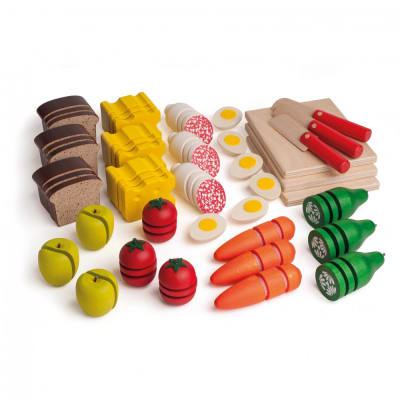Variedad de alimentos para cortar + tablas y cuchillos 30pz1