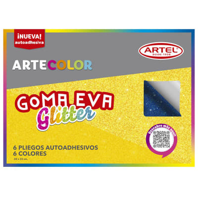 Artel Artecolor - Estuche goma eva glitter con adhesivo 6 pliegos, 6 colores