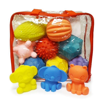 Set 8 pelotas de goma dif. texturas + 3 figuras de animales1