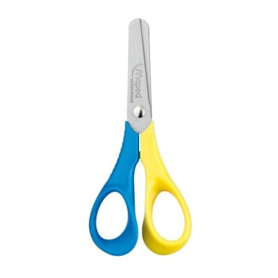 Tijera escolar punta redonda, mango azul/amarillo1