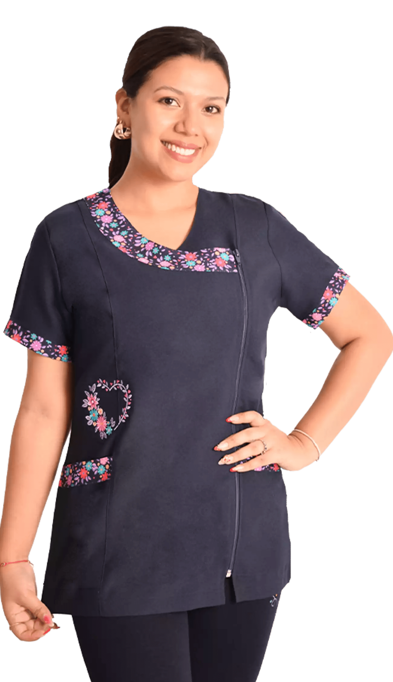 Delantal educadora modelo Primaveral azul marino1