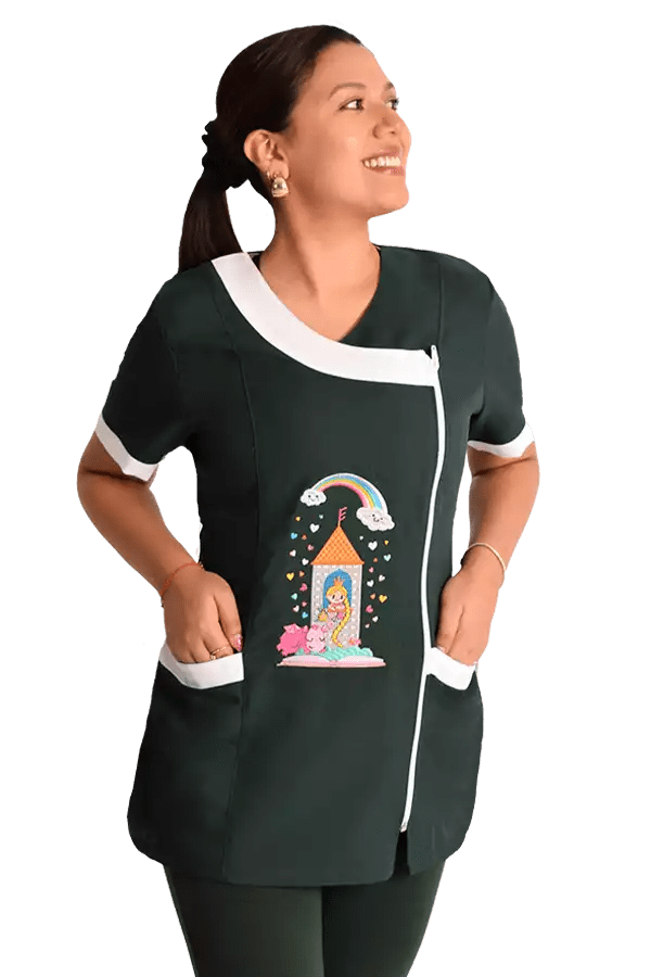 Delantal educadora modelo Rapuncel verde botella1