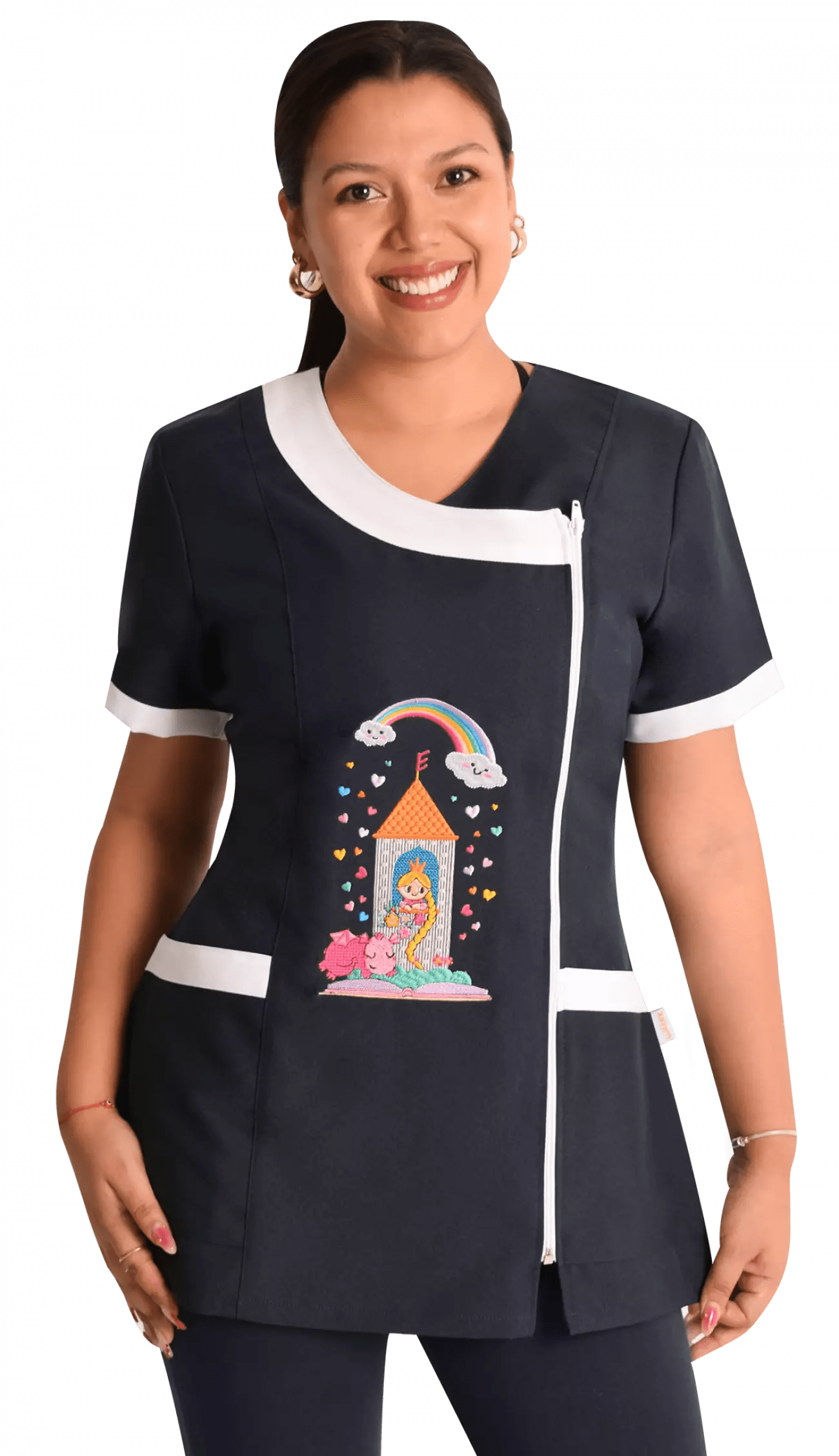 Delantal educadora modelo Rapuncel azul marino1