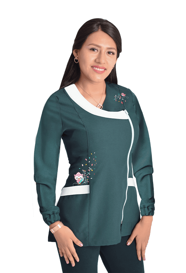 Delantal manga larga educadora modelo Buho verde botella1