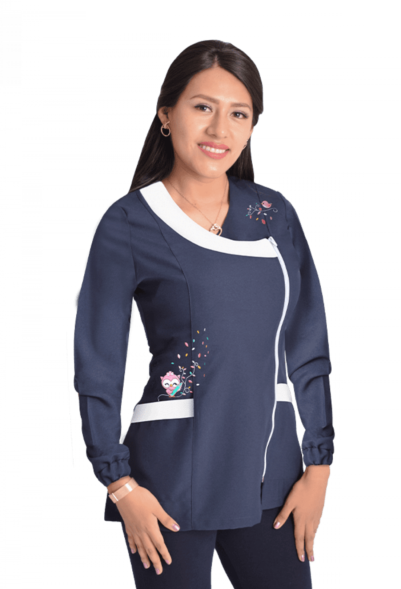 Delantal manga larga educadora modelo Buho azul marino1