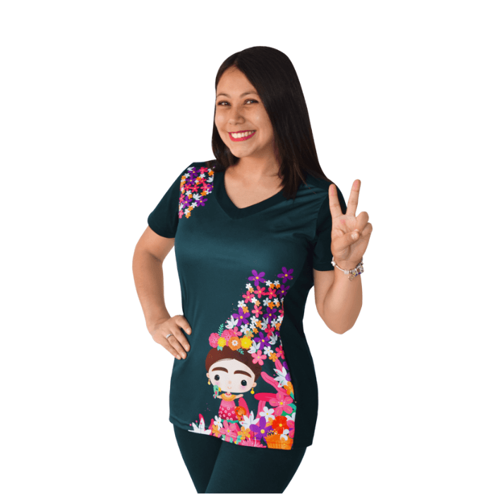 Polera manga corta educadora Frida azul verde botella1
