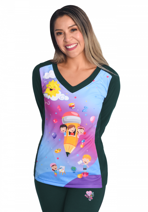 Polera manga larga educadora Grafito verde botella1