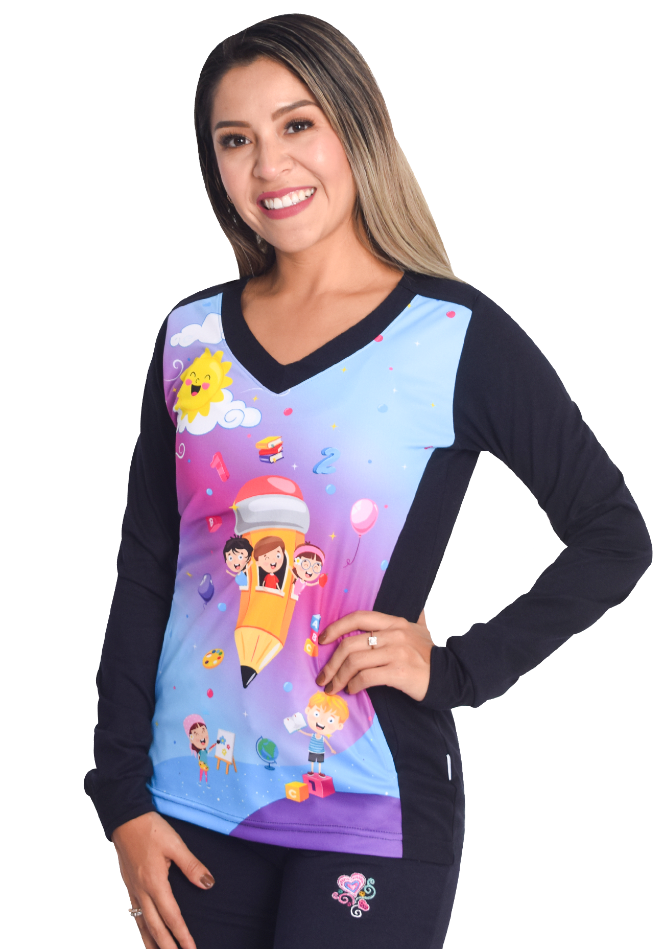 Polera manga larga educadora Grafito azul marino1