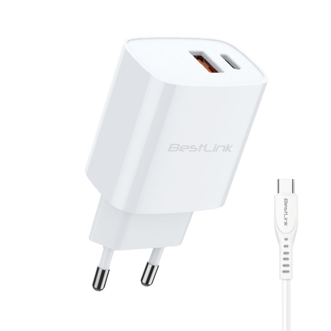 Cargador de pared dual PD+QC 20W, con cable USB C, color blanco / BL-CHQC2