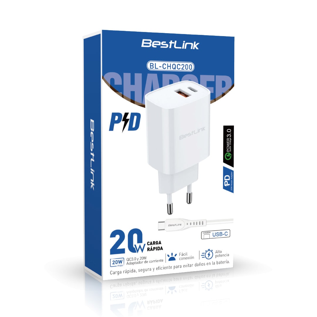 Cargador de pared dual PD+QC 20W, con cable USB C, color blanco / BL-CHQC1