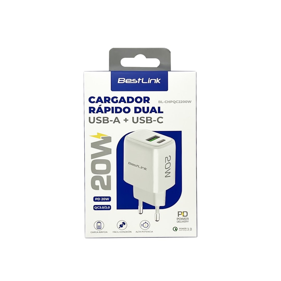 Cargador Rápido Dual USB-A + USB-C 20W / Mod. BL-CHPQC2200W2