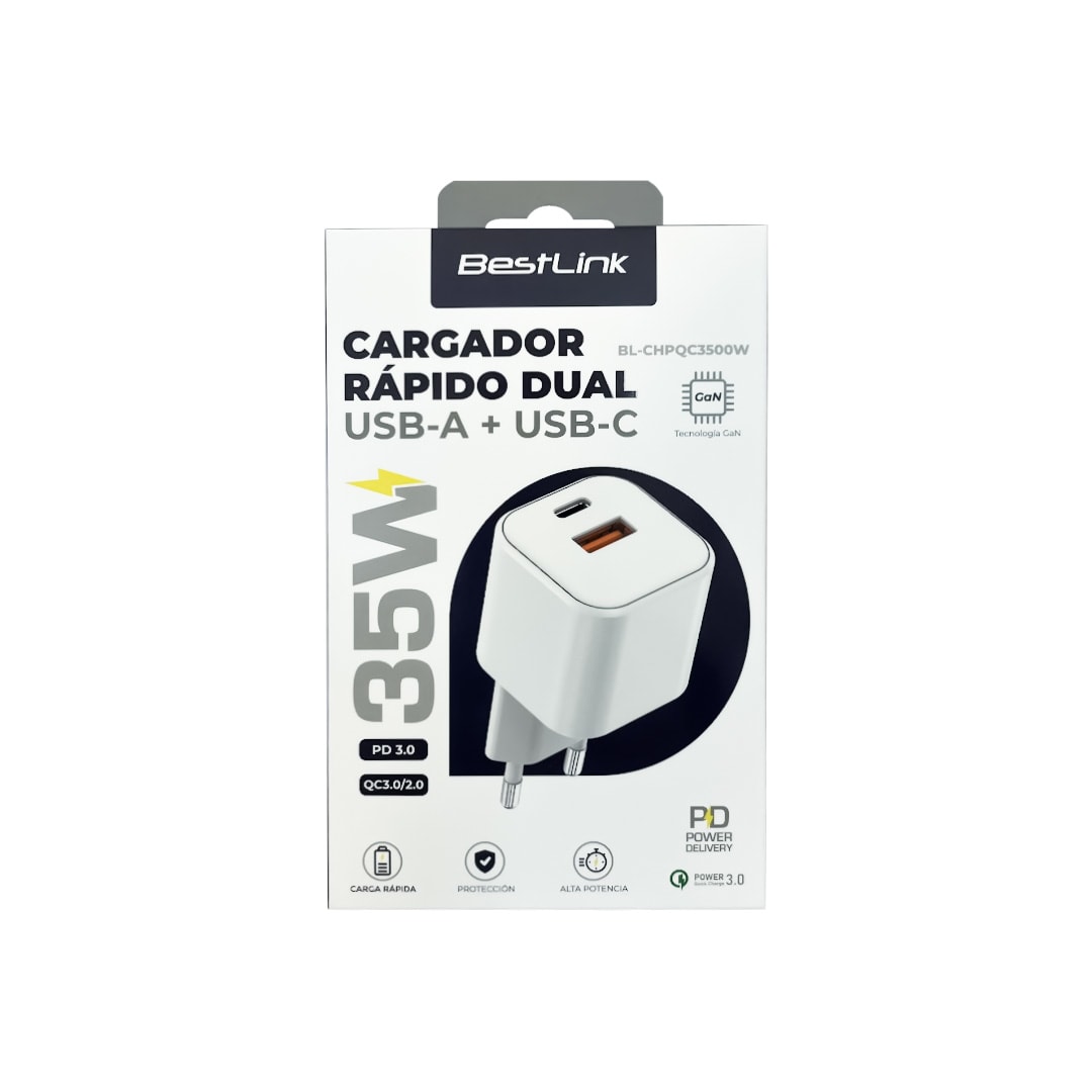 Cargador Rápido Dual USB-A + USB-C 35W GaN / Mod. BL-CHPQC3500W2