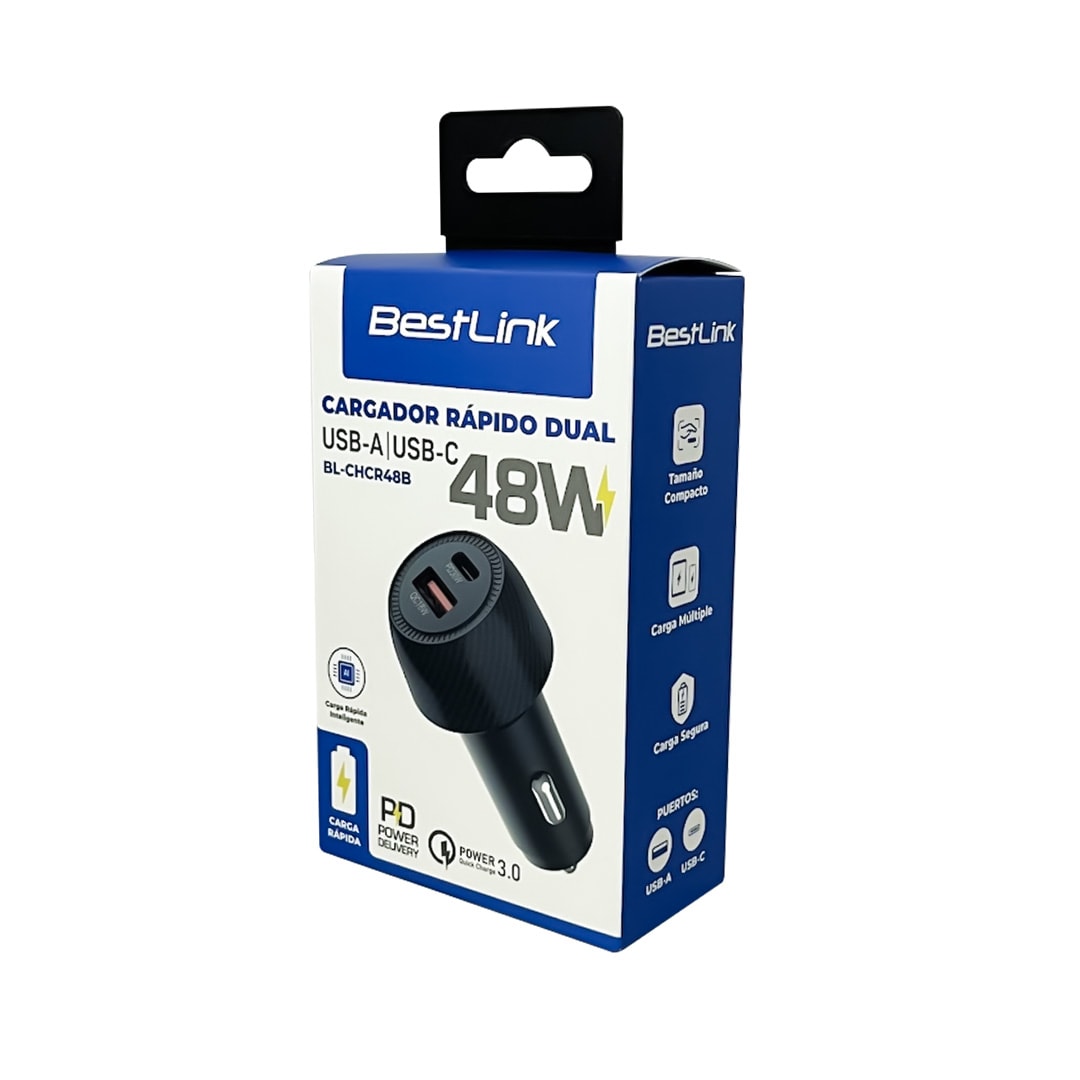 Cargador Rápido Dual 48W USB-A + USB-C de Auto / Mod. BL-CHCR48B2