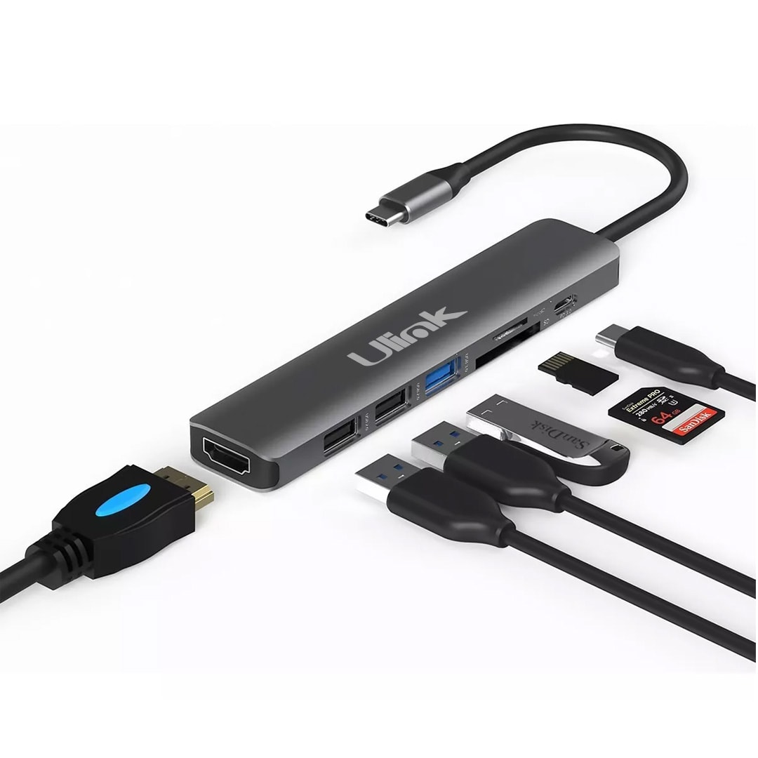 Adaptador multipuerto USB C 7 en 1 USB3.0, HDMI, SD, MicroSD, USB 2.0, PD3.0, Aluminio / UL-ADC701HR2
