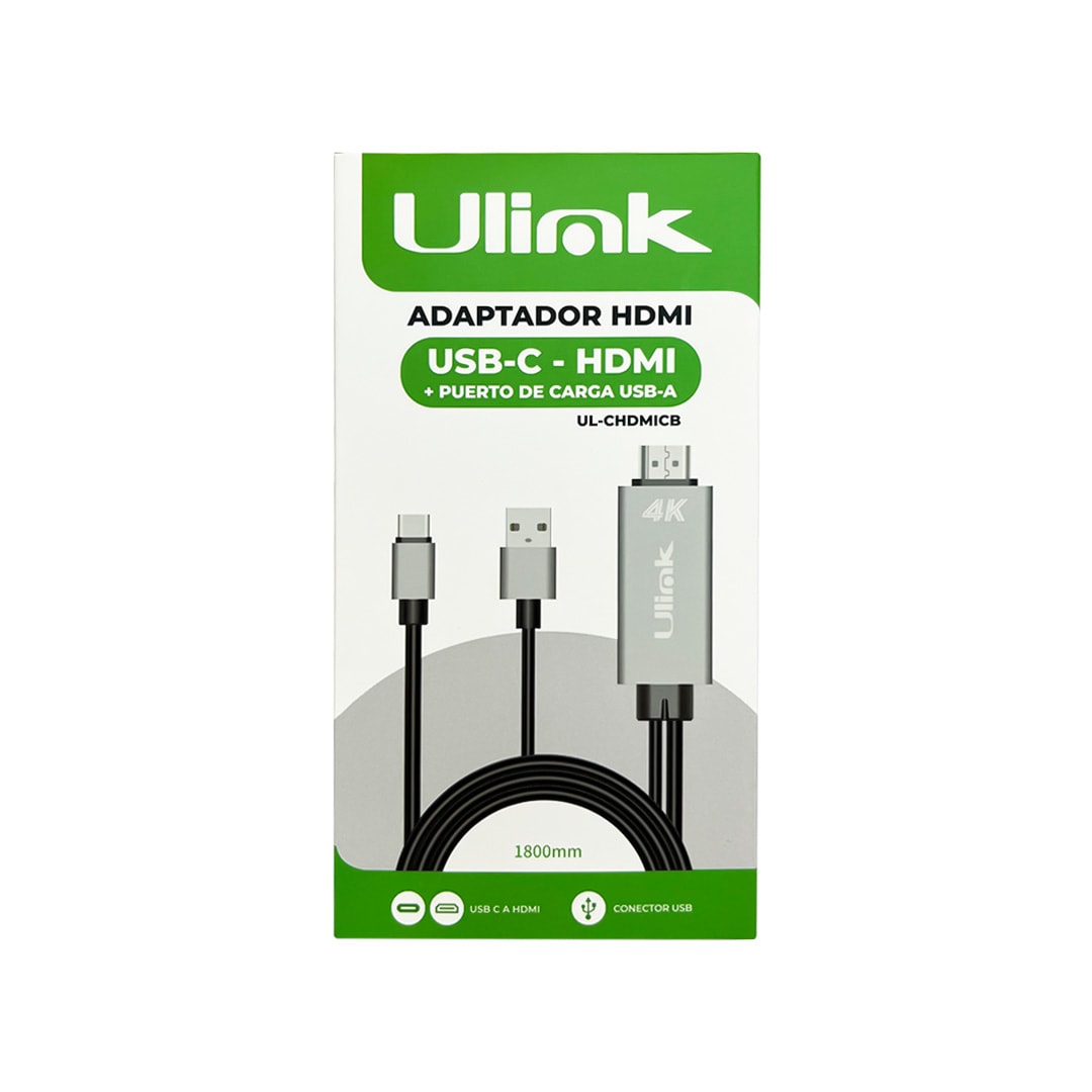 Adaptador USB tipo C a HDMI 4k de 1,8 M con cable USB de carga Mod. UL-CHDMICB4