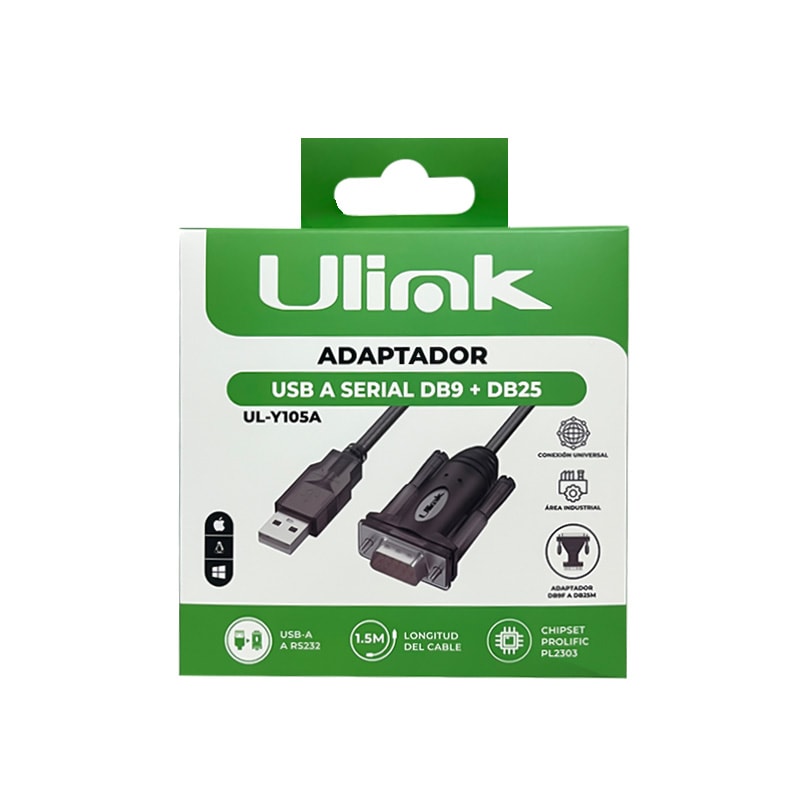 Adaptador USB a Serial DB9 + DB25 (Chipset Prolific) / mod. UL-Y105A2