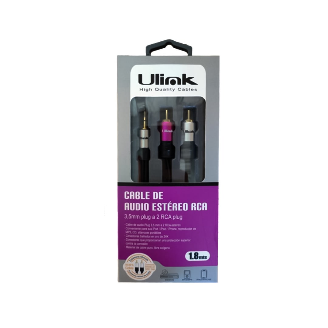 Cable de audio 3,5mm a 2 RCA de 1,8 mts de alta fidelidad / UL-PROAD352RC1