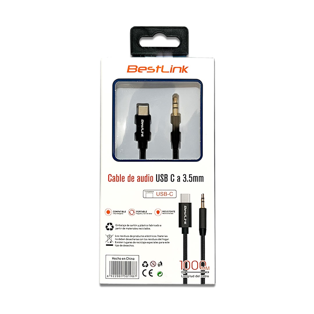 Cable de audio USB C a 3,5mm, reforzado, puntas doradas, 1 metro / mod. BL-CBA025A3