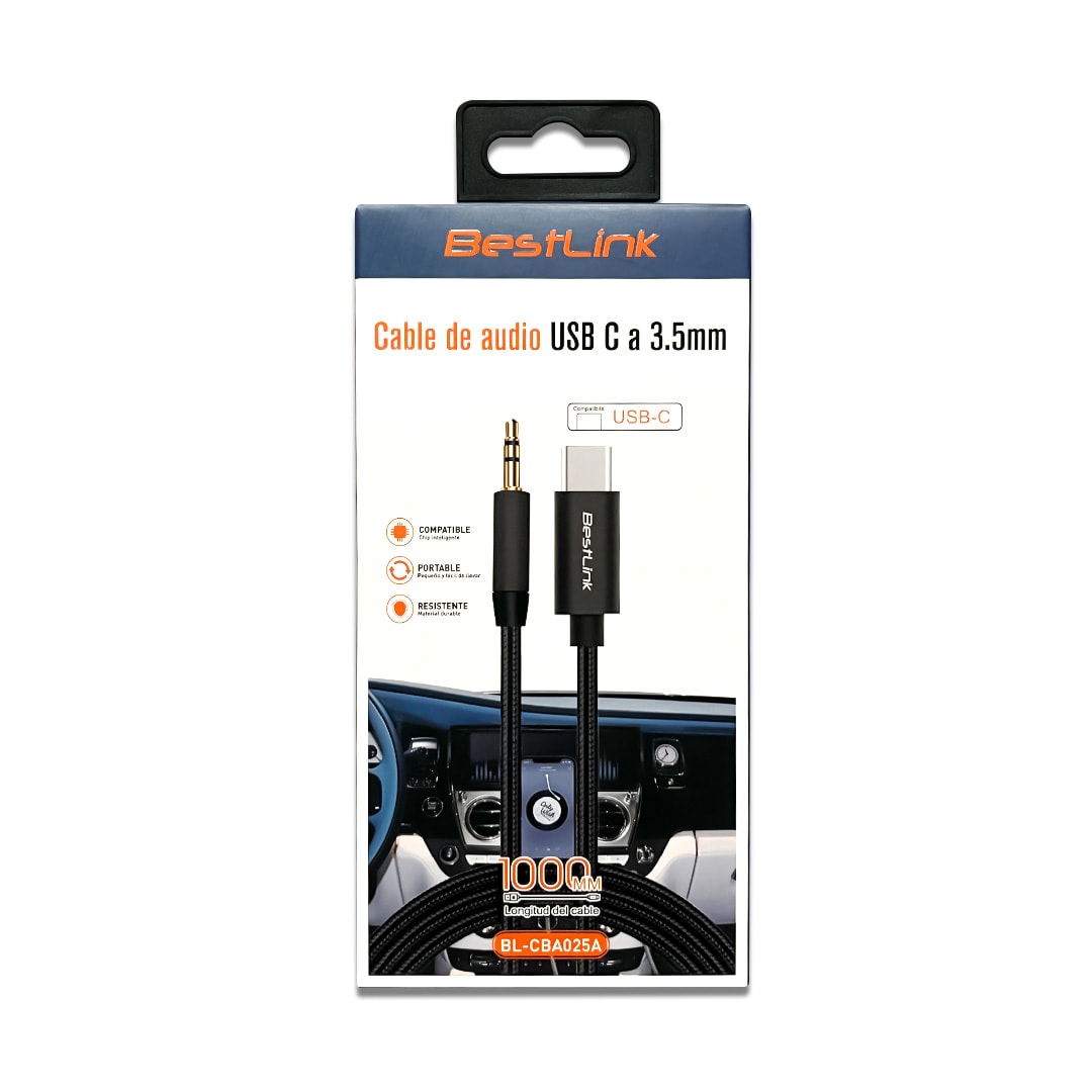 Cable de audio USB C a 3,5mm, reforzado, puntas doradas, 1 metro / mod. BL-CBA025A1