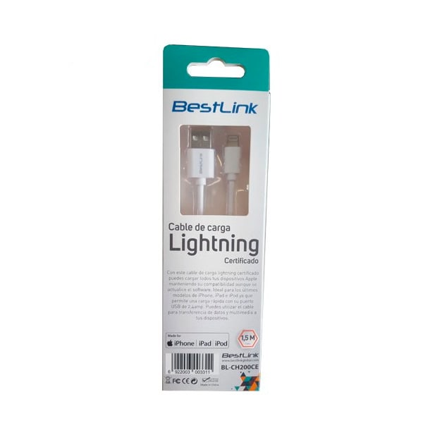 Cable Lightning de 2,4Amp certificado MFI iPhone, color blanco, 1,5 metros / BL-CH200CE3