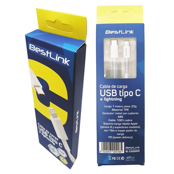 Cable de carga USB tipo C a lightning PD de 5amp, color blanco 1 mt / BL-CH200PD3