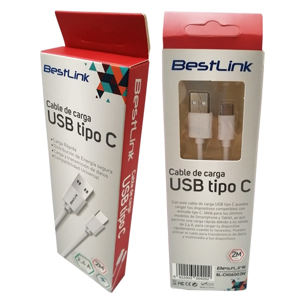 Cable de carga USB tipo C carga rápida de 2,4amp, color blanco, 2 mts / BL-CH06002W1