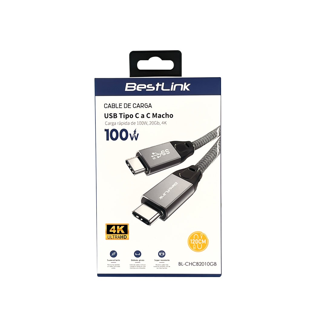Cable de carga USB tipo C a C, carga rápida de 100W, 20Gb, 4K, 1.2 m Mod BL-CHCB2010GB3