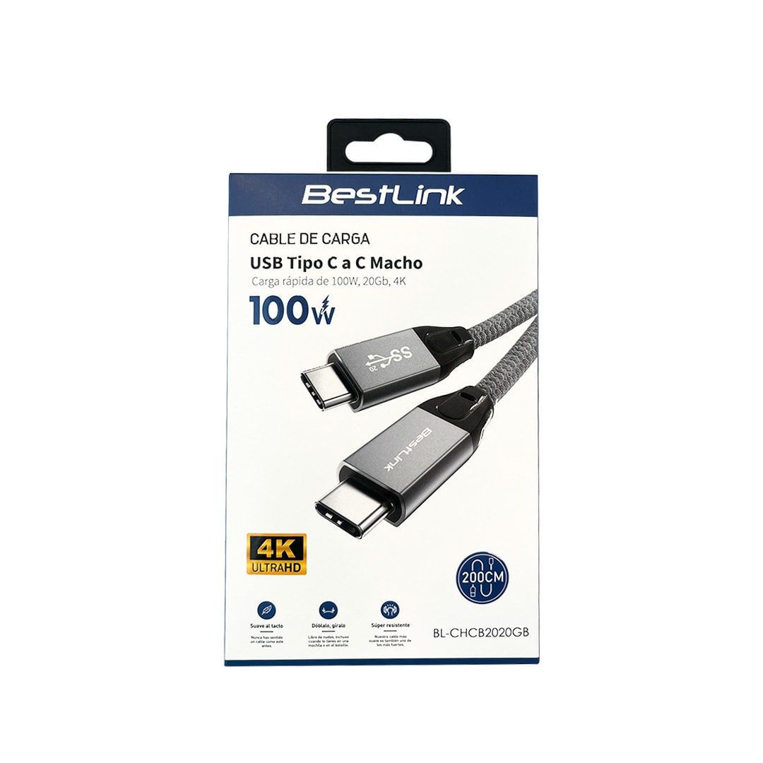 Cable de carga USB tipo C a C, carga rápida de 100W, 20Gb, 4K, 2 m Mod. BL-CHCB2020GB3