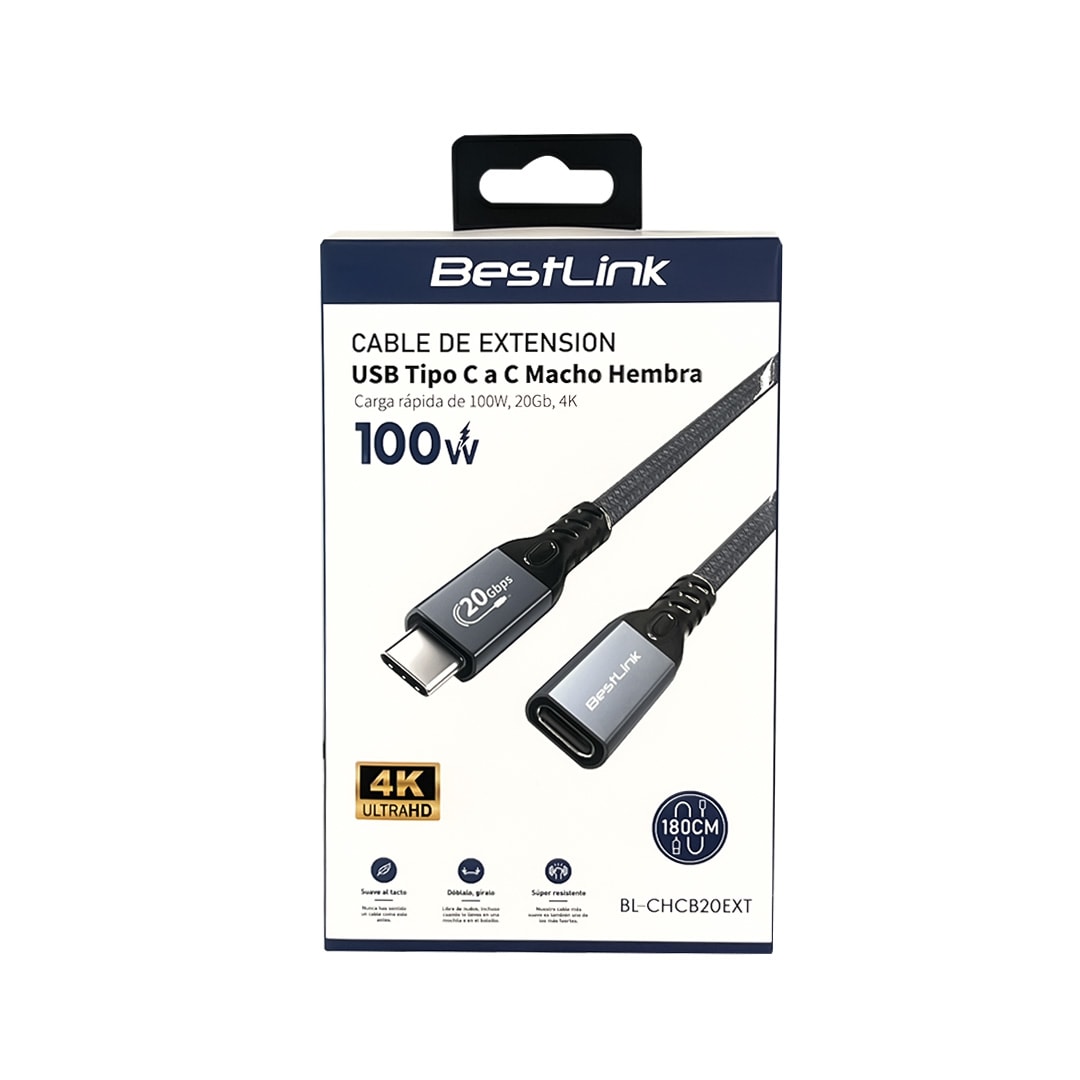 Cable de extension USB tipo C a C macho hembra, carga rápida de 100W, 20Gb, 4K, 1,8 mt / mod. BL-CHC3
