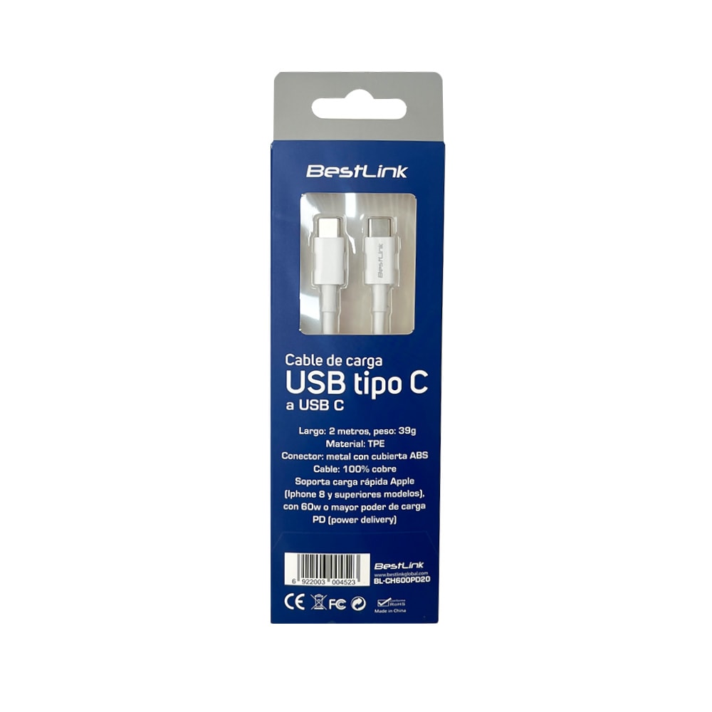 Cable de Carga USB tipo C a C, Carga Rápida de 60W, 2M/ BL-CH600PD203