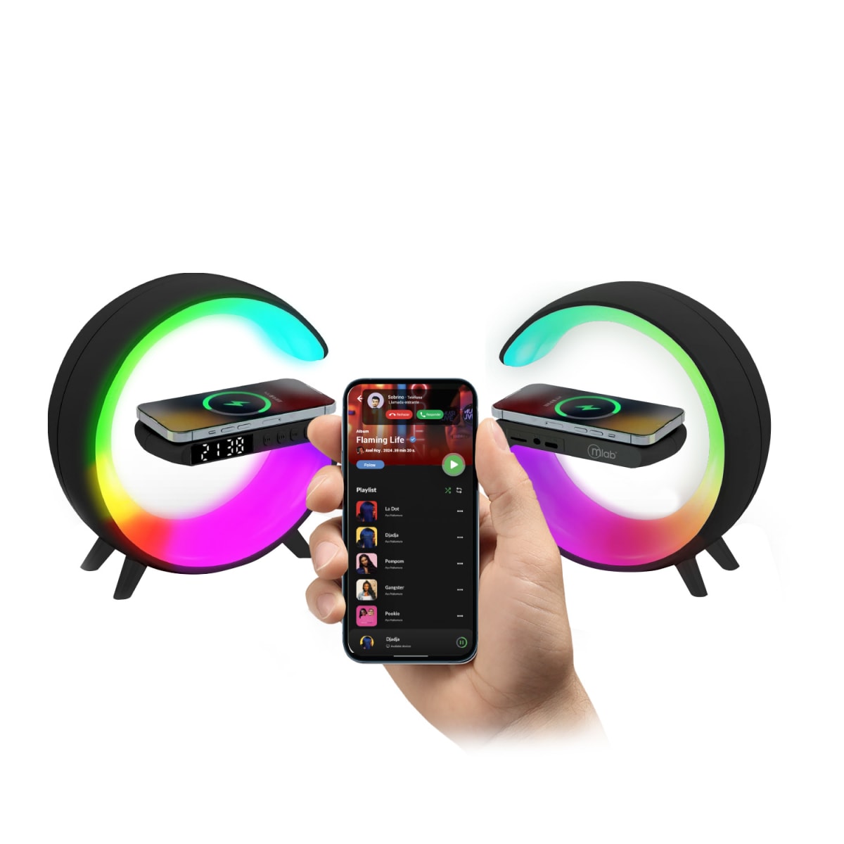 9388-Mlab Parlante My Lil G 5 IN 1 Cargador Inalámbrico + Luz RGB + Reloj + Alarma Black2