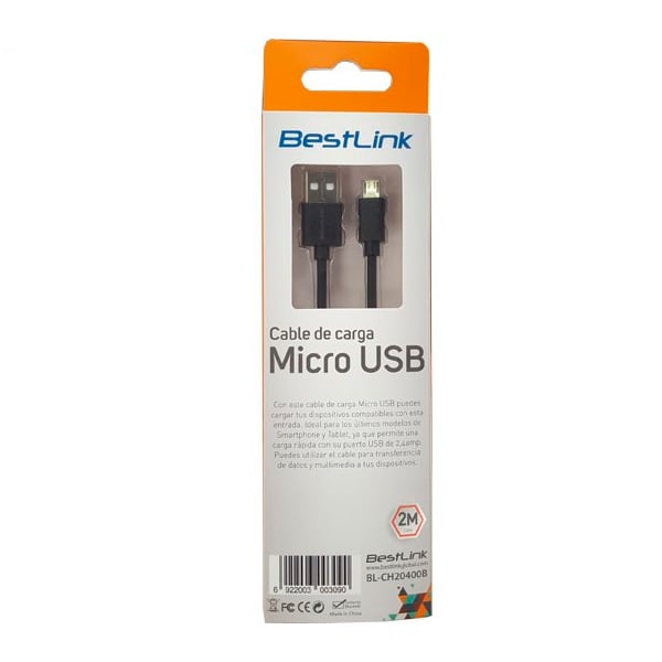 Cable cargador de 2,4Amp micro USB color negro de 2 metros / mod. BL-CH204002