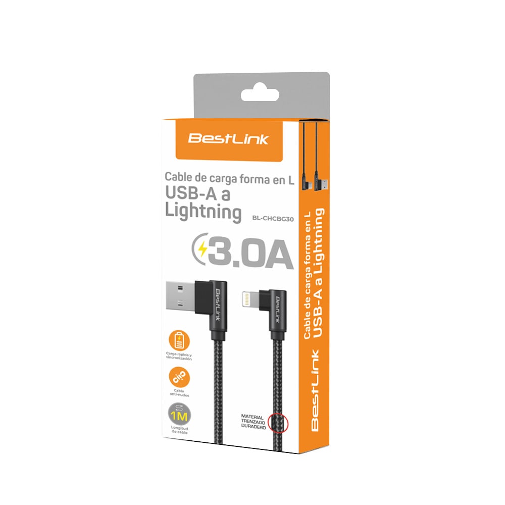 Cable de carga USB-A a Lightning 3.0A Trenzado en L / Mod. BL-CHCBG302