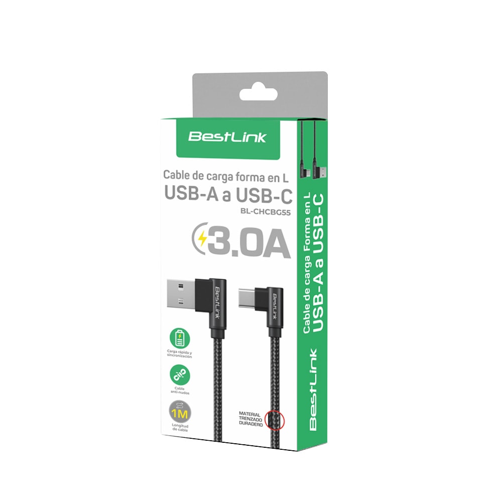 Cable de carga USB-A a USB-C 3.0A Trenzado en L / Mod. BL-CHCBG552