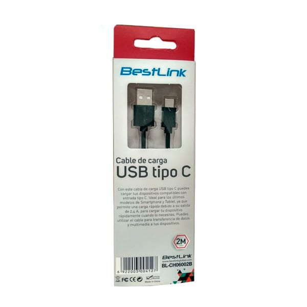 Cable de carga USB tipo C carga rápida de 2,4amp, 2 mts, negro / BL-CH0600B1