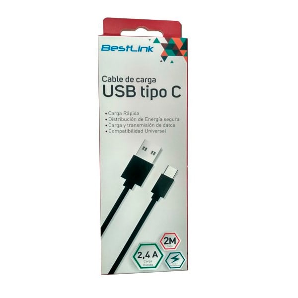 Cable de carga USB tipo C carga rápida de 2,4amp, 2 mts, negro / BL-CH0600B2